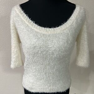bebe Cream Fuzzy Scoop Neck Sweater